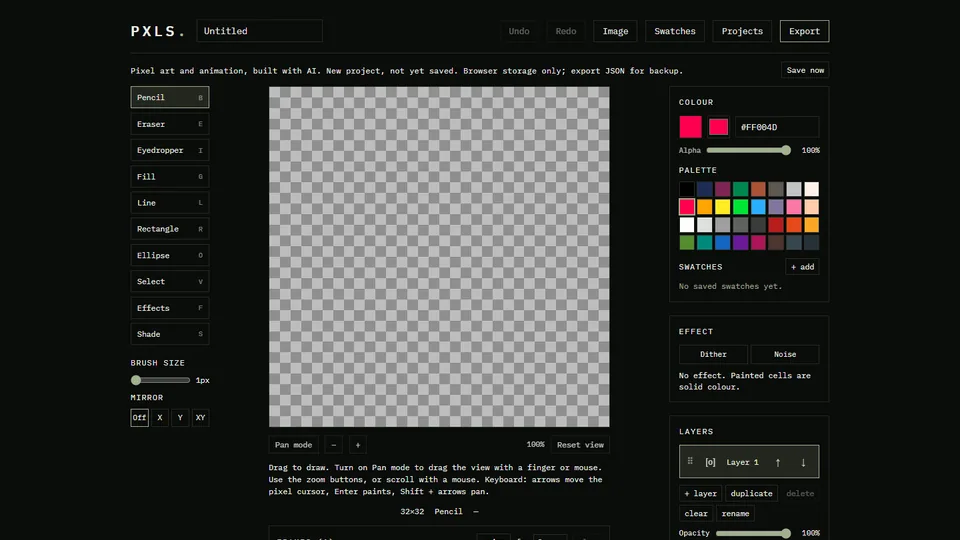 The PXLS canvas with its drawing tools, colour palette and layers